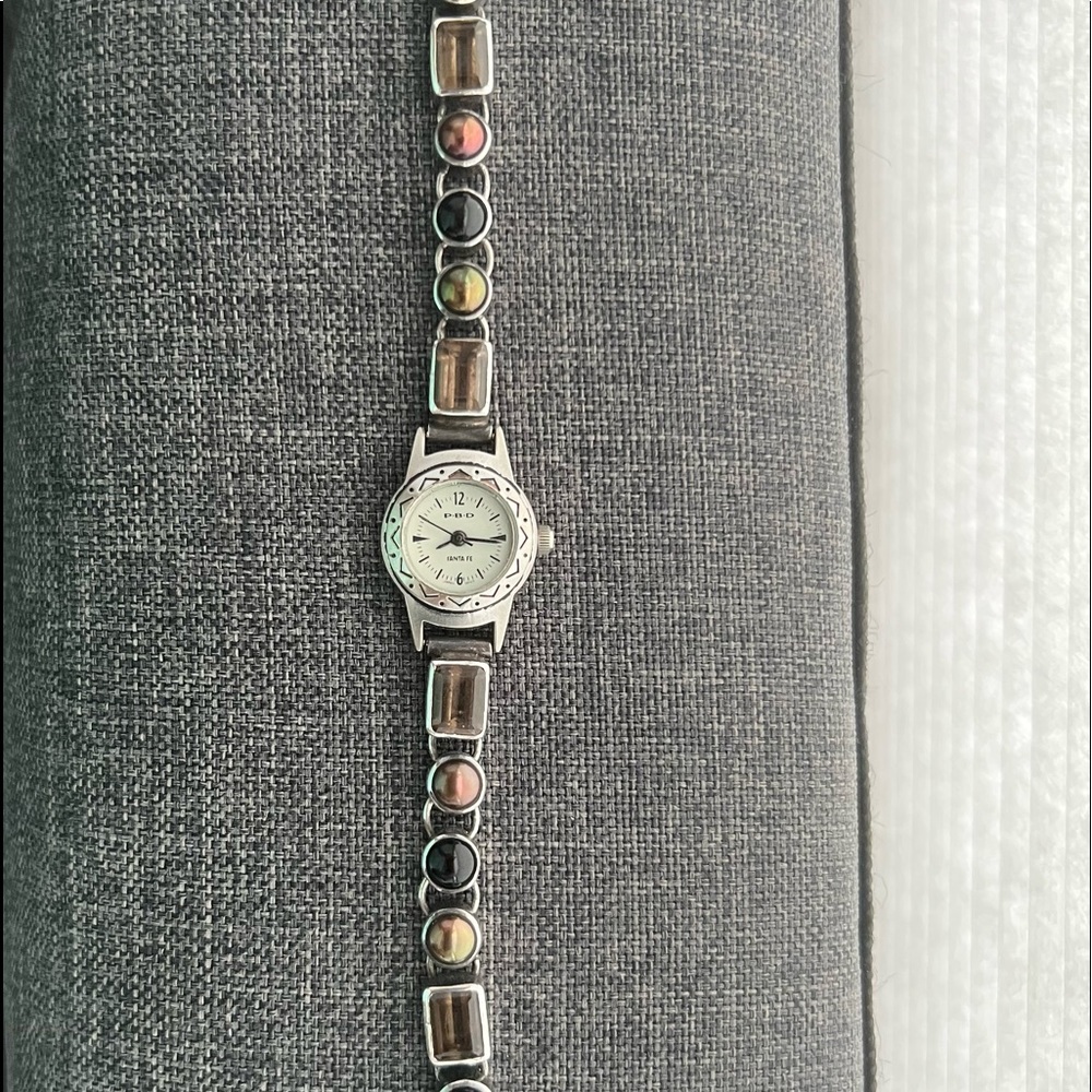 Vintage Peyote Bird Smoky Quartz Navajo Pearl Black Onyx & Silver Watch Bracelet - Picture 9 of 17